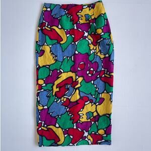 Vtg 90s FORENZA Colorful Floral Linen Pencil Skirt / 10 / Pop Art Memphis Design